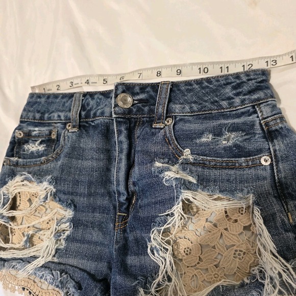 American Eagle Hi Rise Festival Womens Denim Shorts Size 0 Lace Pockets Jeans - Picture 8 of 9